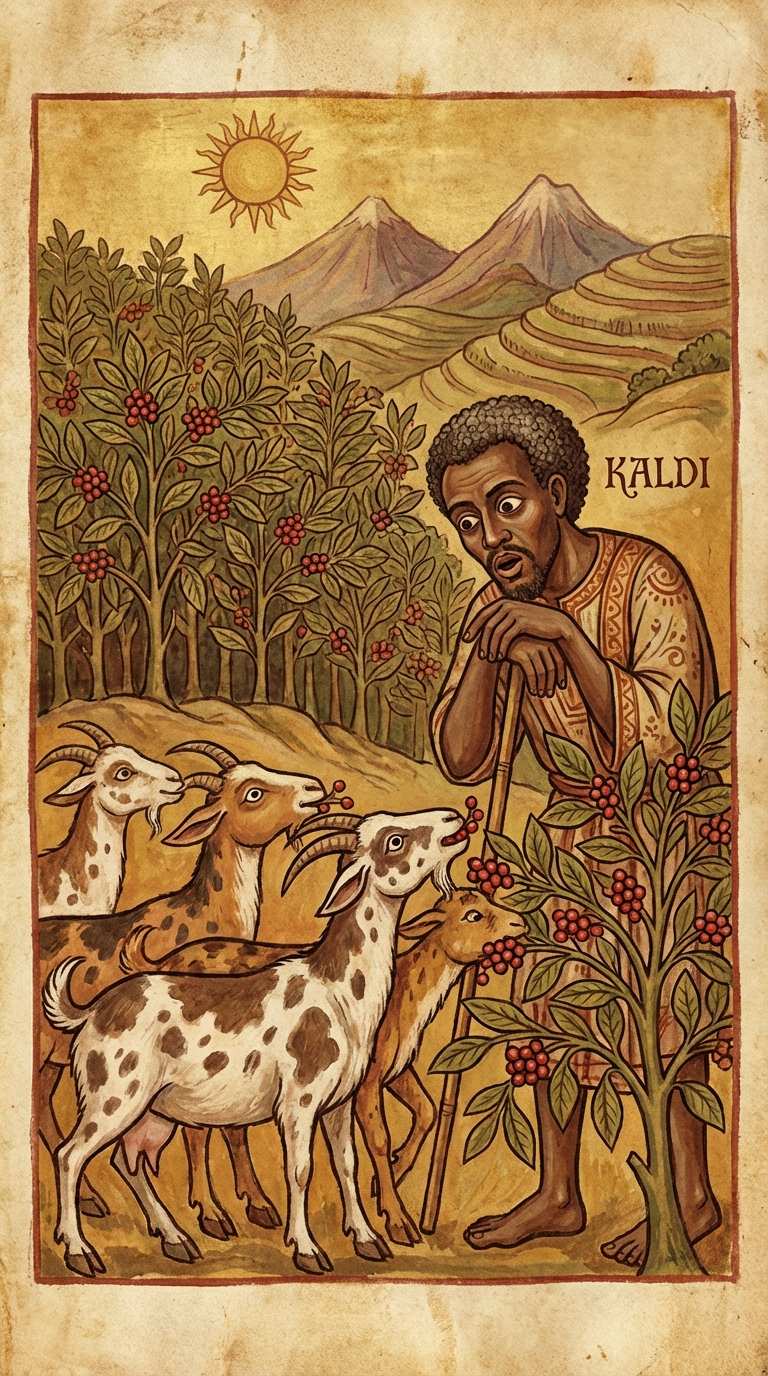 Kaldi sleduje jak kozy požírají bobule s kávou